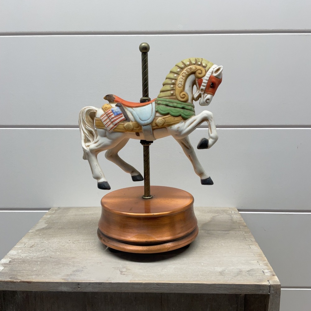 Vintage Ceramic Carousel Horse Music Box Rotating Copper Base Hand Painted 8in